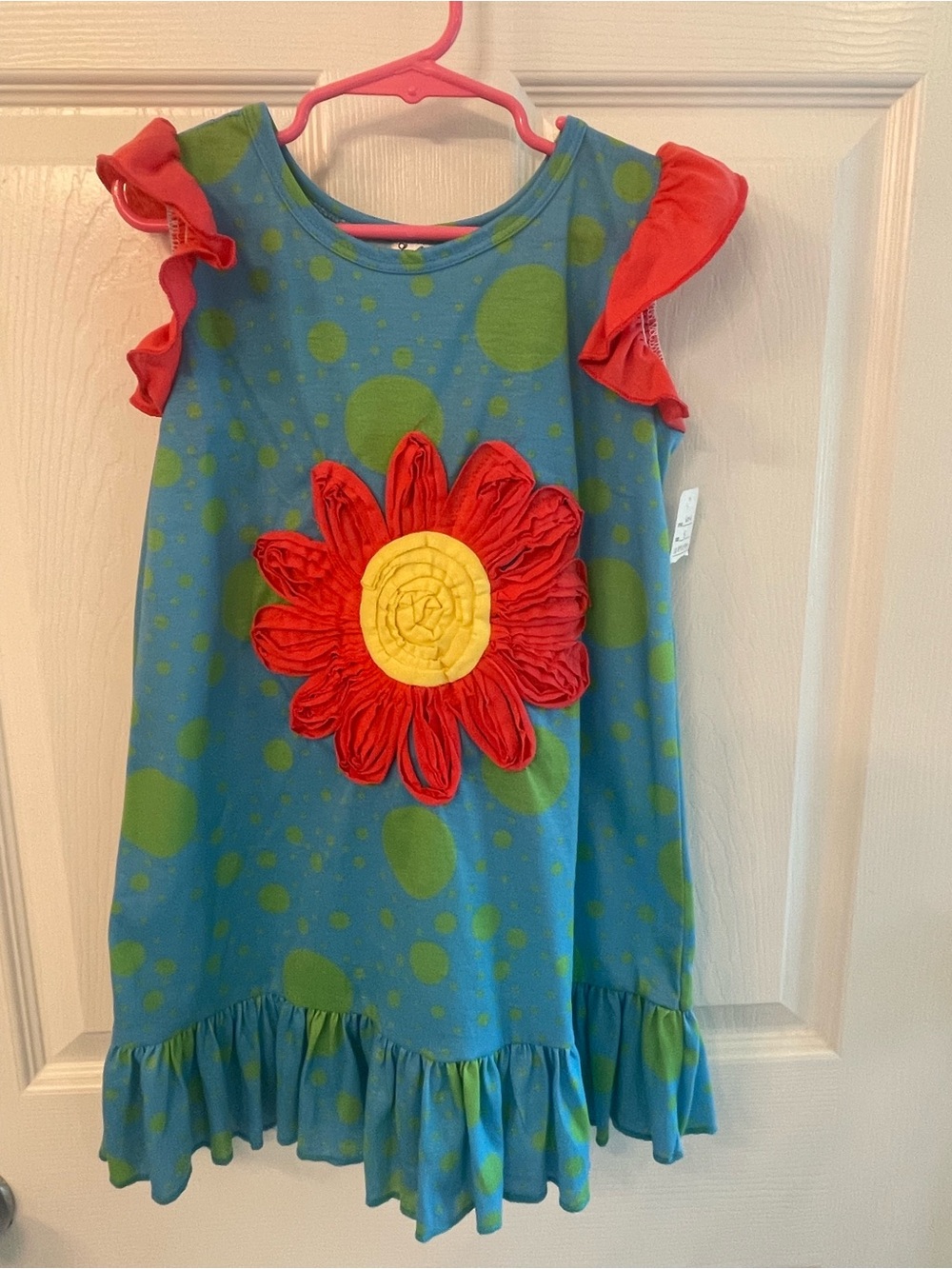 Girls Blue & Green Polka Dot Dress with Red Flower Applique